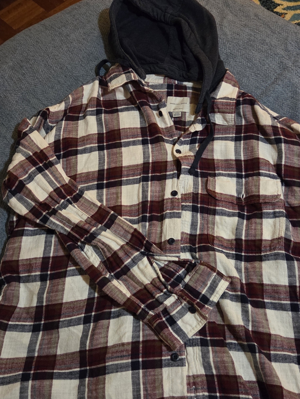 American Eagle Outfitters Plaid Button-Down Shirt in Burgundy, Navy & Cream